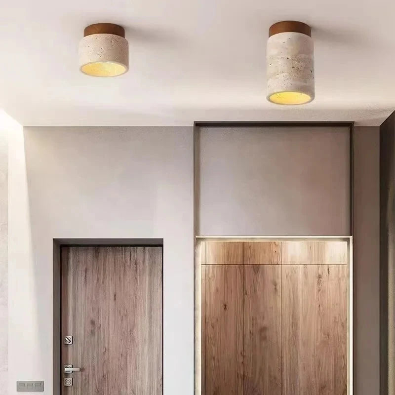 Yellow Travertine LED Ceiling Lamp Japanese Wooden Downlight round Wood Light for Living Room Corridor Porch Balcony