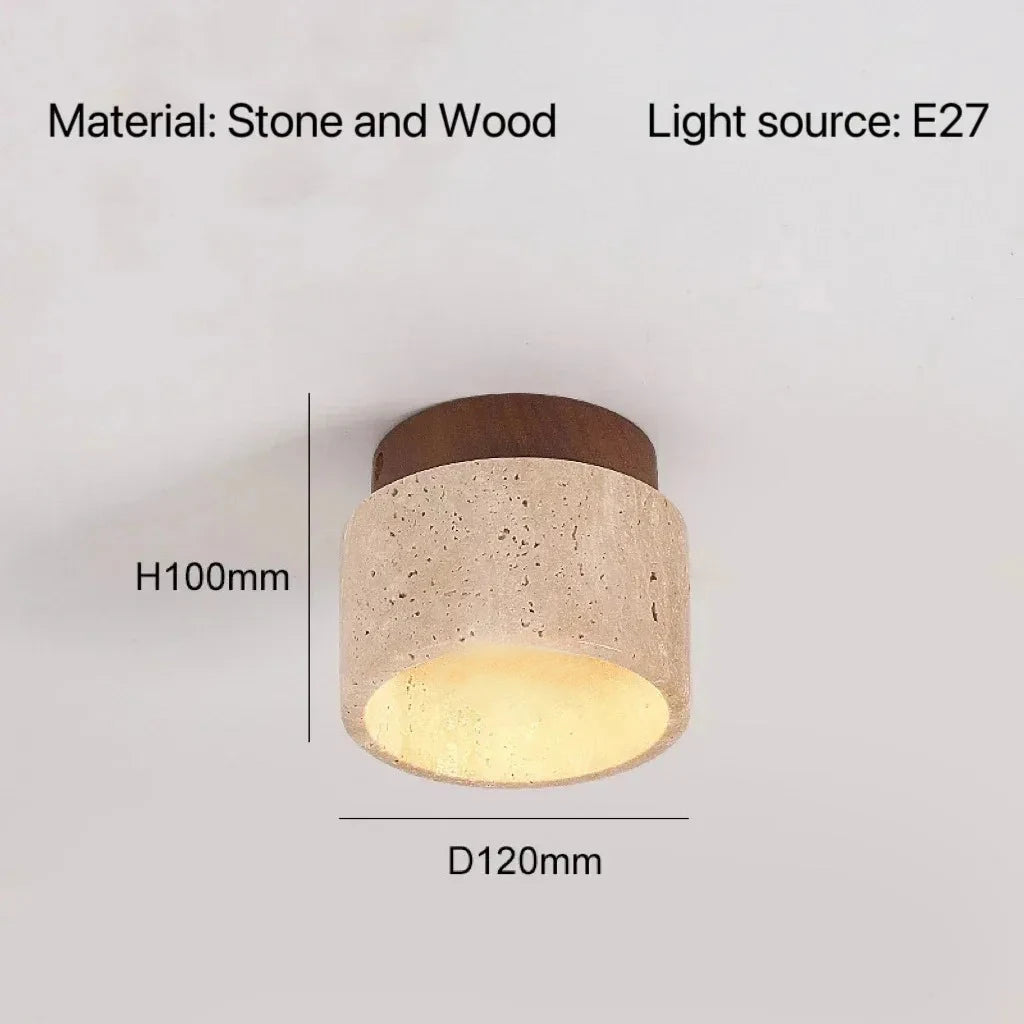 Yellow Travertine LED Ceiling Lamp Japanese Wooden Downlight round Wood Light for Living Room Corridor Porch Balcony